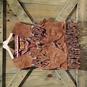 VINTAGE BROWN LEATHER VEST FRINGES NEW WITH TAG DREAM APPAREL WESTERN COWBOY